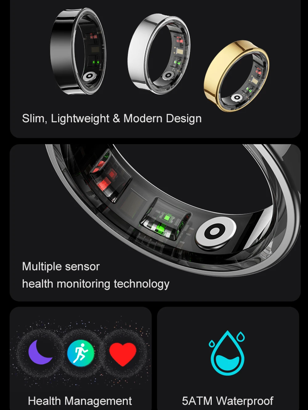 Anel inteligente de fitness com estojo de carregamento, anéis de saúde para monitoramento de temperatura da pele e frequência cardíaca para homens e mulheres