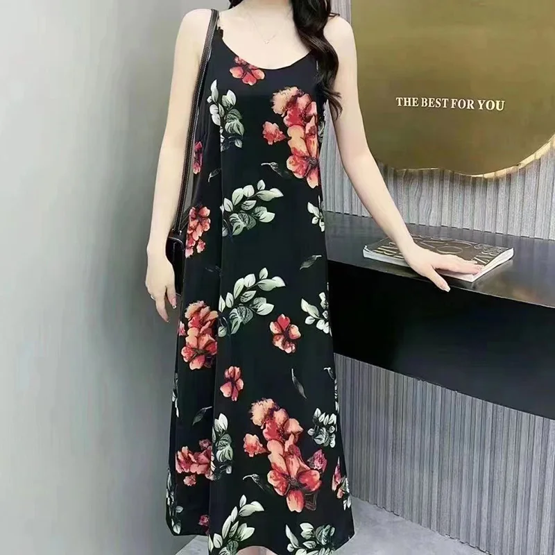 ชุดเดรสผู้หญิง ฤดูใบไม้ผลิ ฤดูร้อน 2024 รุ่นใหม่ ทรงหลวม สไตล์สาวออฟฟิศ ลายพิมพ์วินเทจ คอวี แขนกุด ลายดอกไม้