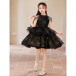 3 Styles Girls Princess Dress 3-8T Light Luxury Halter Beading Off Shoulder Tassels Prom Gown Golden Sequins Flower Girl Dress