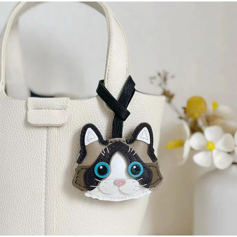 Cat Theme Brand Latest Cowhide Bag Hanging Accessories Sheepskin High Quality Key Chain Backpack Charms Diy Bag Decor Great Gift