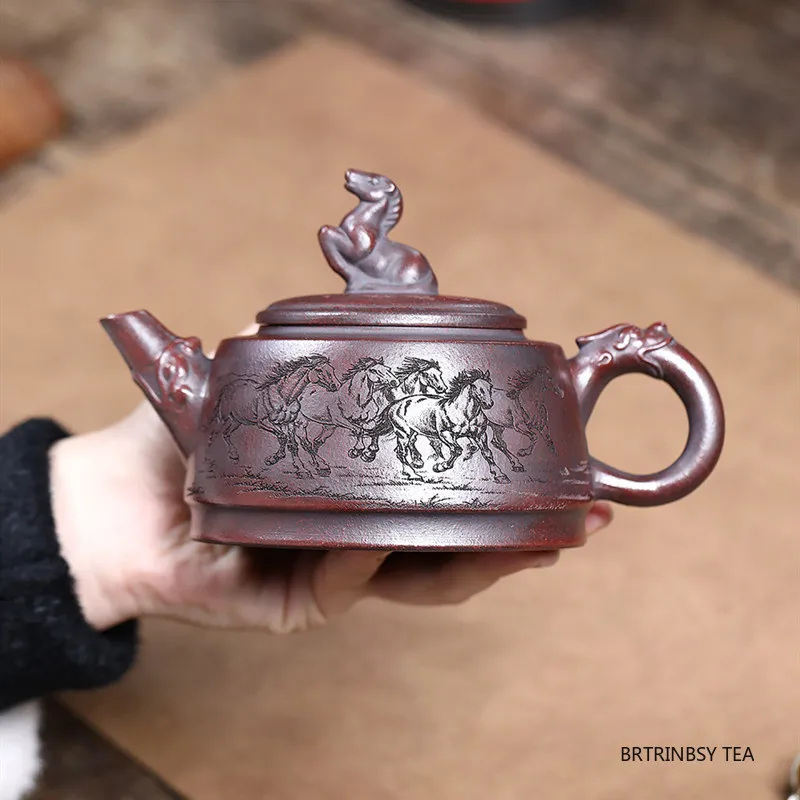 

Чайник из исинской фиолетовой глины (340 мл), ручной работы, с узором «Лошадь», чайник-заварник из зиши, для дома, чайный сервиз