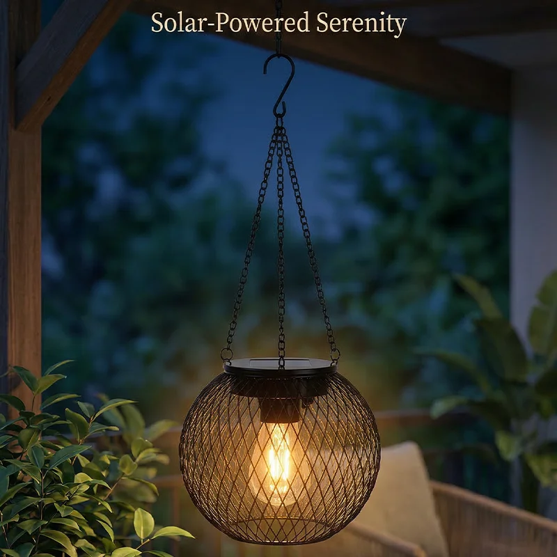 Solar wrought iron lantern lamp retro net chandelier outdoor garden decoration hollow lantern