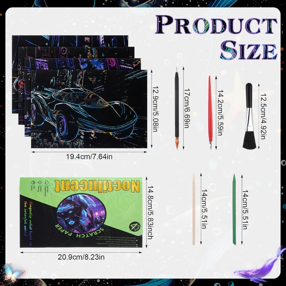 스크래치 페인팅 키트는 어두운 무지개 종이에 빛납니다. 펜과 청소용 브러시가 함께 제공됩니다.