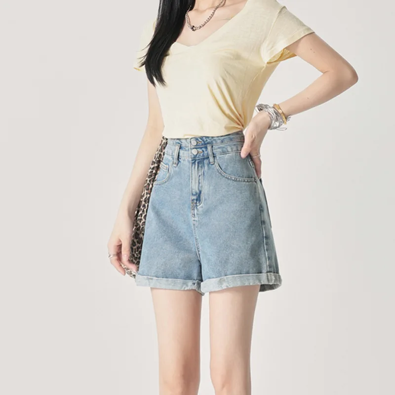 

Versatile High Waist A-Line Short Jeans Korean Style Double Buckle Cuffed Thin Summer New Pear Shape Hip Covering Slimming Pants