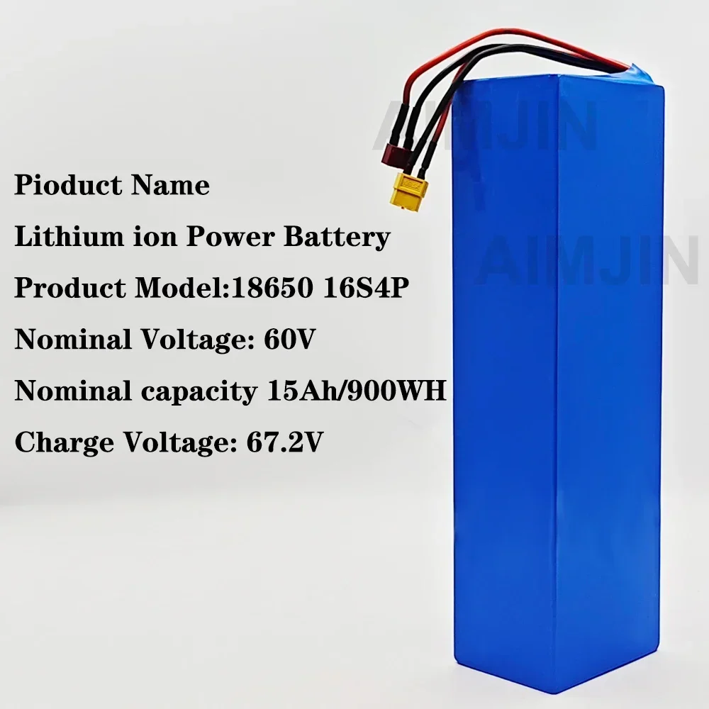 

60V battery 15000mAH 18650 Lithium with BMS for Motorcycle, Scooter, Bicycle 2000W Motor 16s4p Battery Pack