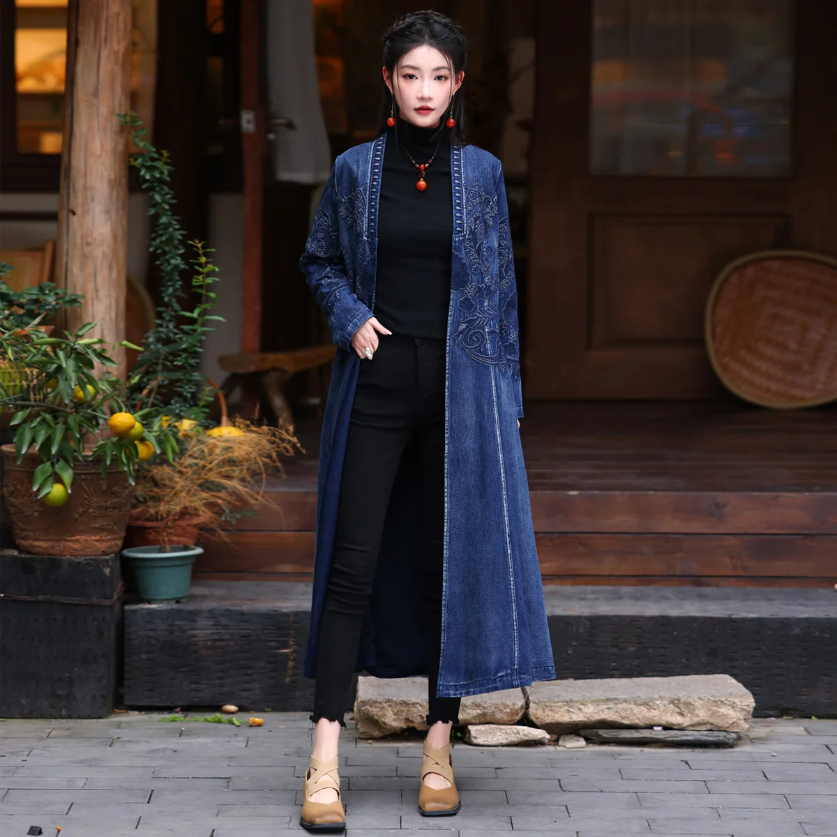 2024 Autumn Winter New Cardigan Over Knee Long Coat Women Embroidery Style V-neck Denim Coat Blue LX2475