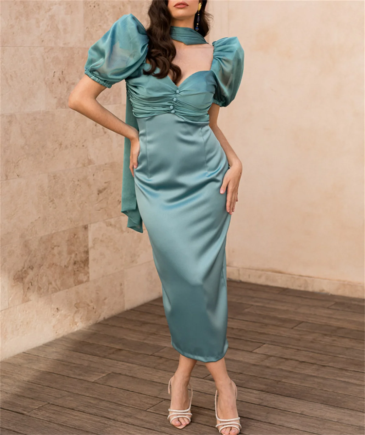 Elegant Blue Formal Occasion Dress French High Neck Pleated Tulle Evening Dress Ladies to Ankle Length Custom robes de soirée