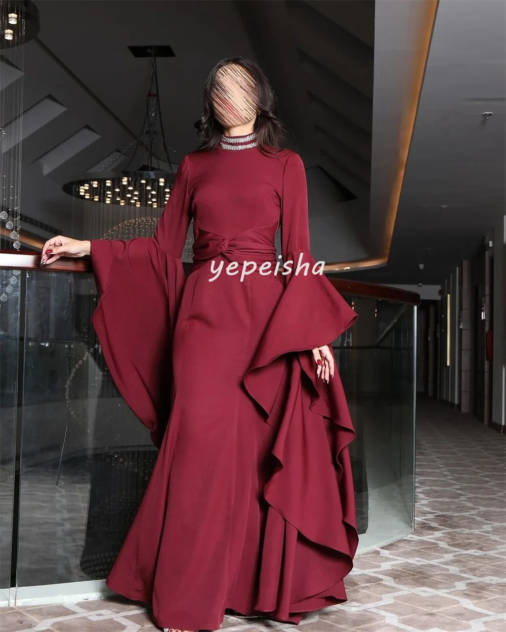 Customized Intricate Fashion Jersey Beading Sequined Pleat Ruched Mermaid High Collar Long Dresses Bespoke Occasion Dresses