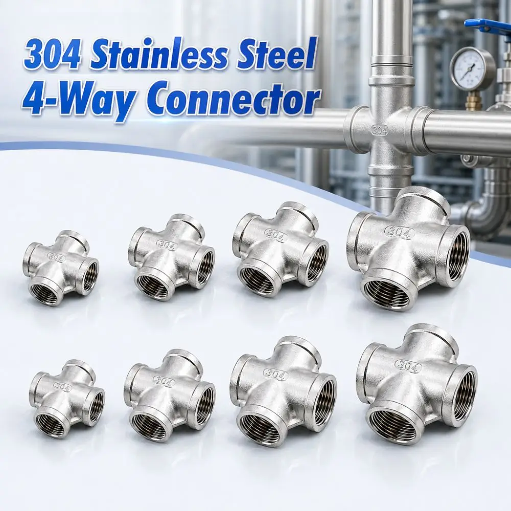 304 Stainless Steel 4-Way Connector Internal Thread Sturdy Water Pipe Joint Durable 1/2
