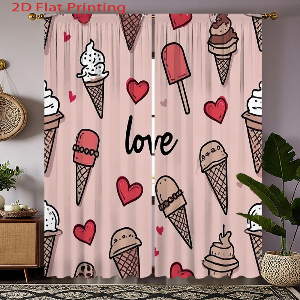 Sweet Ice Cream Curtains, Pink Heart Pattern Window Drapes, Cute Dessert Decor Blackout Fabric for Girls Bedroom Kitchen Nursery