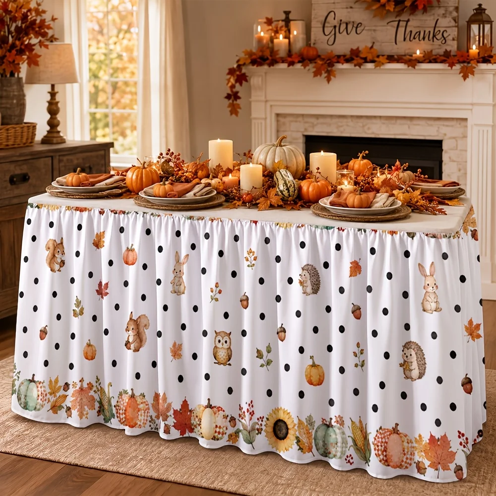 One tablecloth table skirt with autumn harvest theme, featuring pumpkins, sunflowers, chestnuts and squirrelsxzj