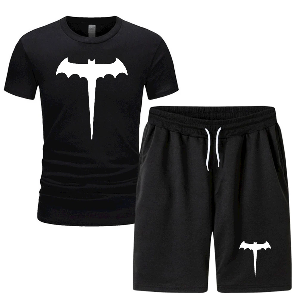 Spider bat patterned Korean men\'s sportswear, short sleeved t-shirt and sports shorts, summer casual wear, men\'s running set