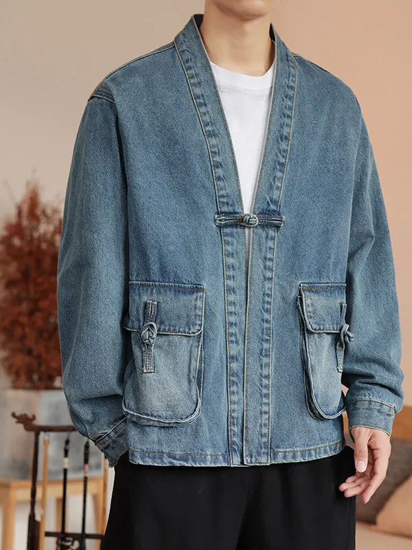 

Новый китайский Sle, мужской джинсовый джинсовый джинт в стиле ретро, свободная верхняя одежда, костюм тай-чи, осенний ветровой дзен-слэ, свободный хлопковый джинт