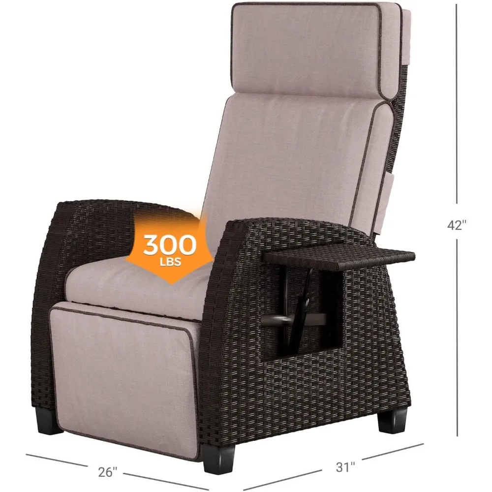 Outdoor Recliner Moor Lay Flat Recliner with Flip Table Push Back Wicker Reclining Lounge Chair Flax