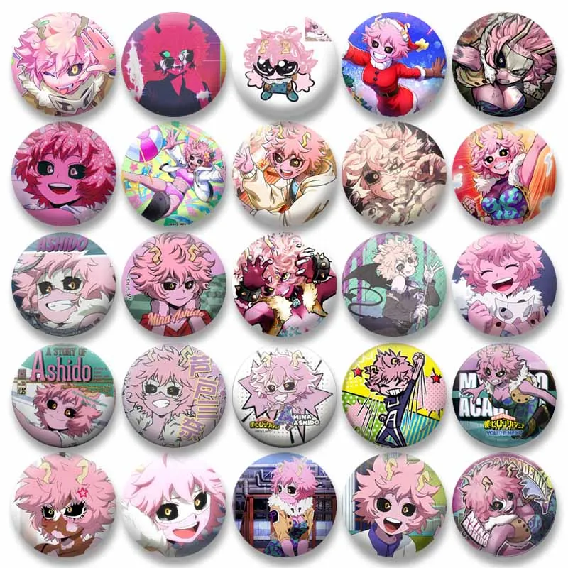 Mina Ashido Anime Soft Button Pins Cartoon Round Brooch for Backpack Hat Clothing Cute Cosplay Jewelry Badges Accessories Gifts