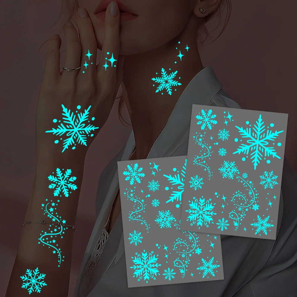 2 Sheets Glow in the Dark Christmas Tattoos - Blue Snowflake Designs, Waterproof Temporary Stickers for Party Favors