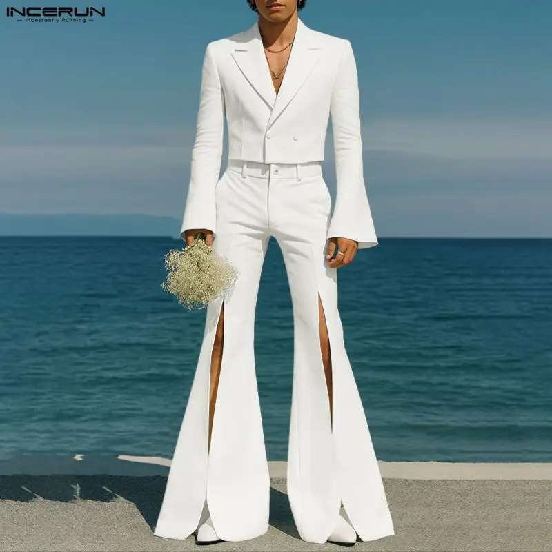 

INCERUN Men Sets Solid Color Lapel Long Sleeve Crop Blazer & Flare Pants Two Pieces Sets Streetwear Fashion Casual Men's Suits
