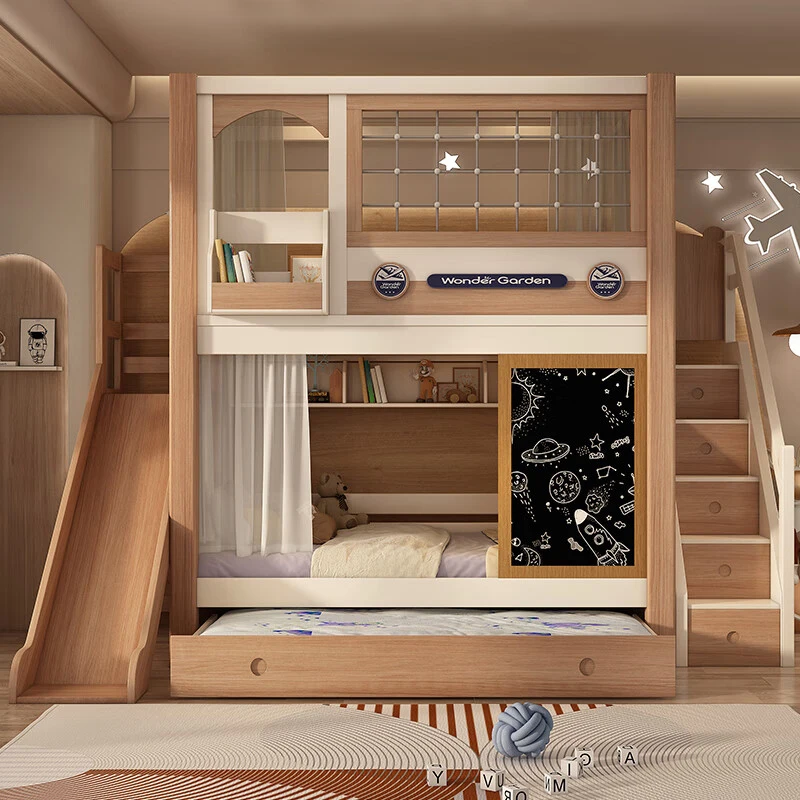 Litera de madera maciza, cama alta y baja para niños, litera, camas superiores e inferiores de dos capas con diapositivas no interferencias con cada uno