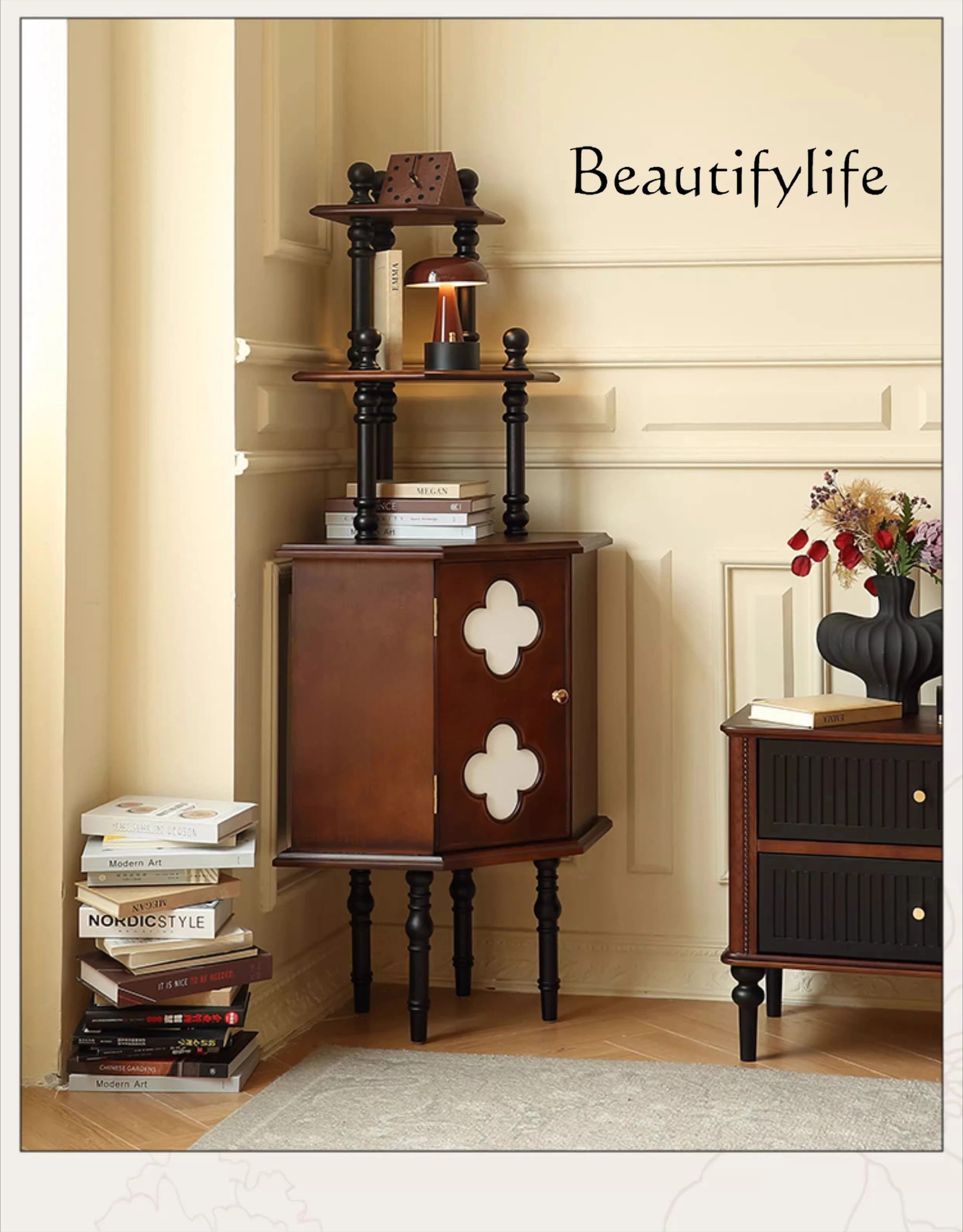 

French retro solid wood living room corner cabinet medieval triangular shelf bedside corner storage designer