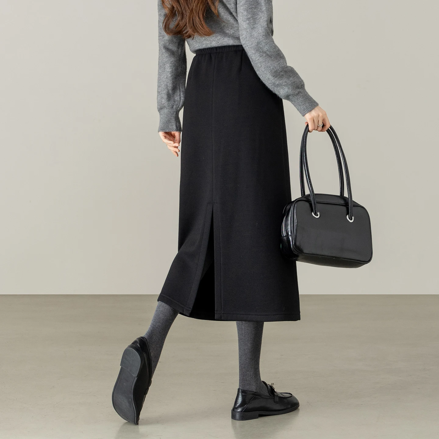 SENTUBILA Women's Winter Midi Skirt Knit Commute Fleece Lined 2026 Female Elastic Waist Drawstring Slit Straight Skirt 164QF8009