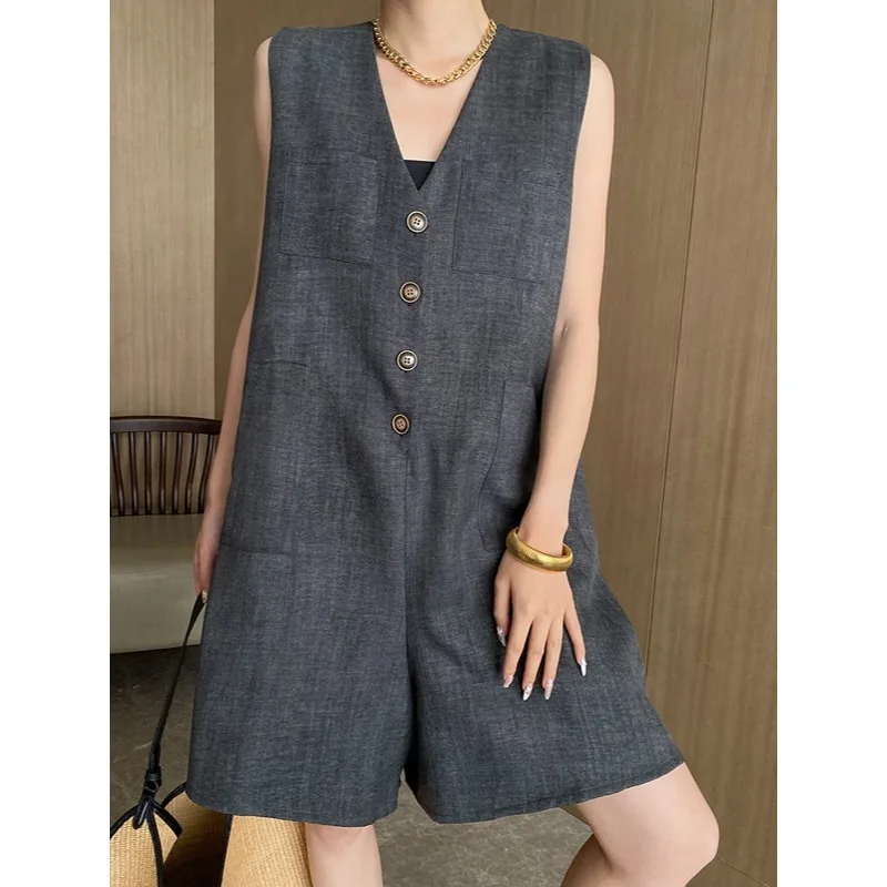 

Women H-type Loose Slim Casual Sleeveless Jumpsuit Shorts Korean Chic Gray Khaki Basic French Office Lady Vest Playsuits Summer