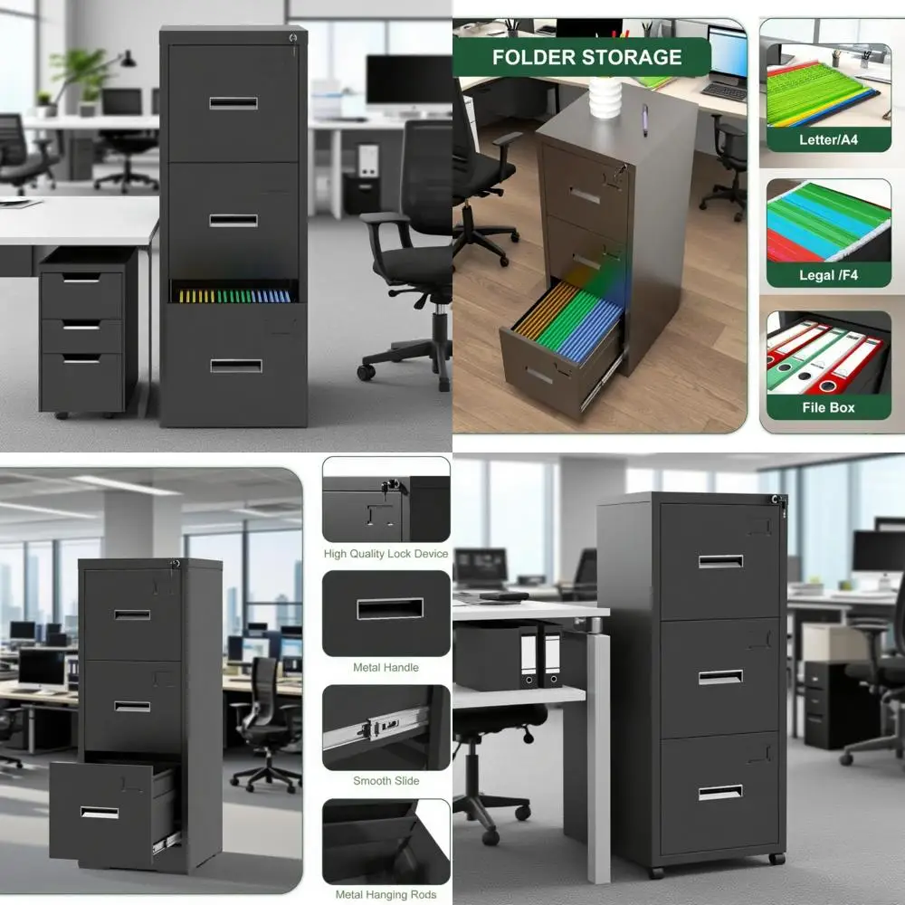خزانة ملفات عمودية معدنية آمنة مع قفل، فتحات للبطاقات، مثالية للاستخدام المكتبي والمنزلي، تصميم نحيف للتخزين الموفر للمساحة