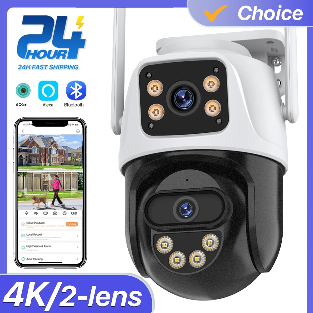 4K HD Wifi Surveillance IP Camera 2K Outdoor PTZ Camera 2-Lens 2-Screen AI Auto Tracking Security Camera iCsee APP