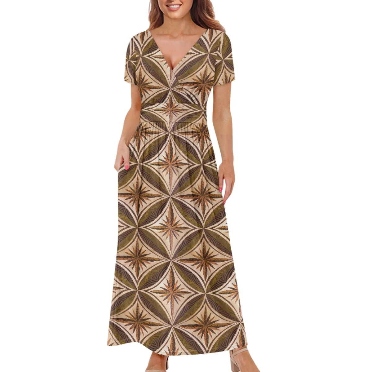 

Summer Women Maxi Dress Wrap V Neck Short Sleeve Pleated Waist Casual Polynesian Tribal Print Elegant Long Dress with Pockets