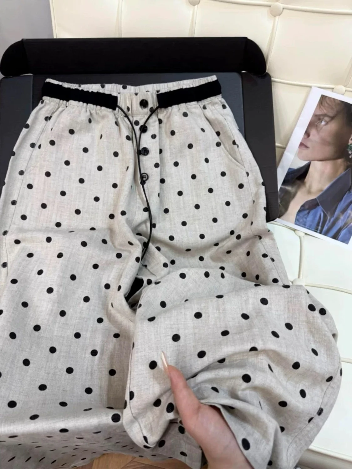 

Polka Dot Color Block Wide Leg Pants High Waist Drawstring Casual Loose Linen Ladies plus Size Summer Trousers Slimming Effect