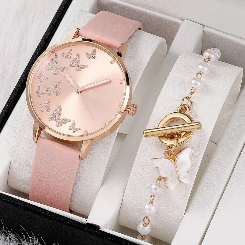 2pcs/set Butterfly Ladies Quartz Watches Fancy Women Watches Jewelry Sophisticated And Stylish Women Watch