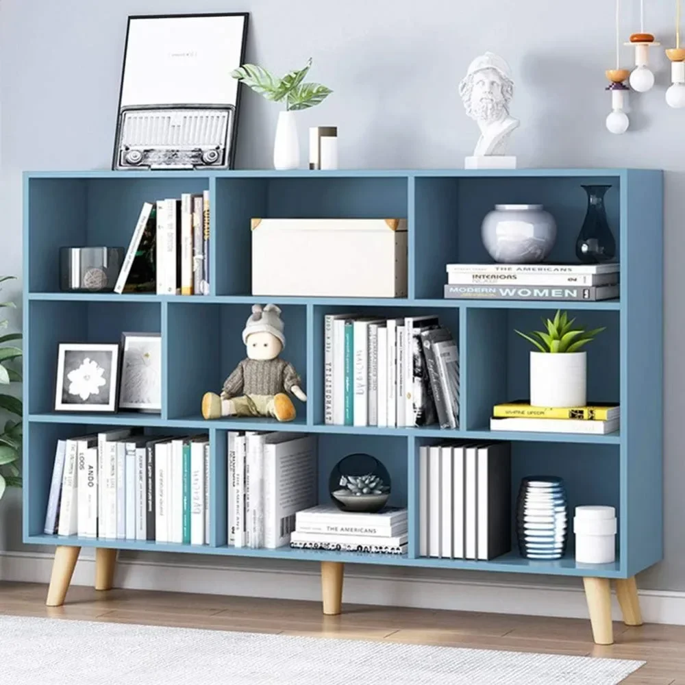 

Wooden Open Shelf Bookcase - 3-Tier Floor Standing Display Cabinet Rack with Legs, 10 Cubes Bookshelf, Bright Blue