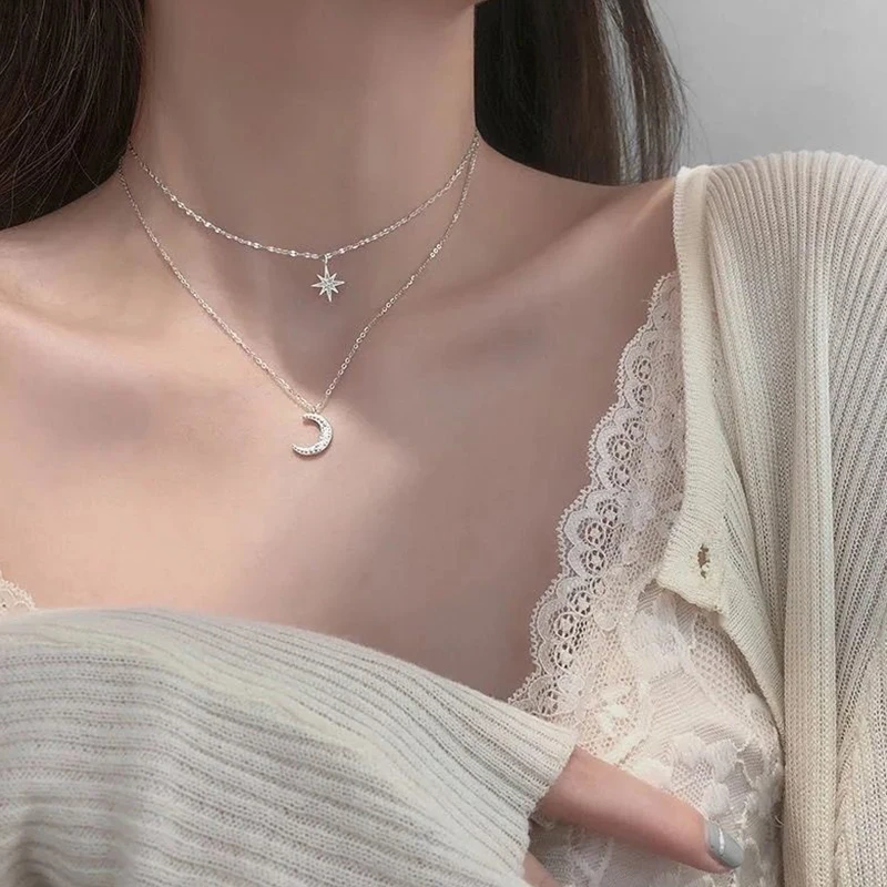 Korean INS Style Star And Moon Butterfly Pendant Simple Double Layer Collarbone Chain Women Girls Necklace Jewelry Accessories