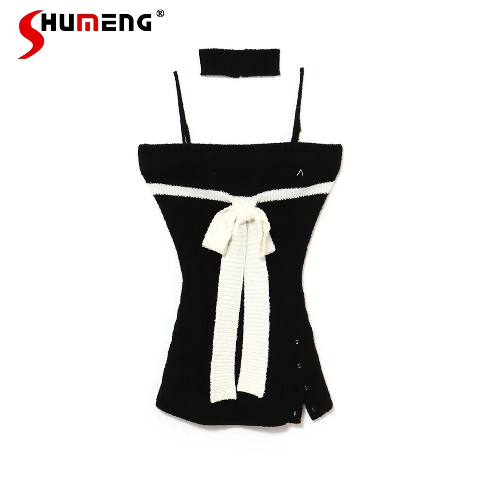 

Милые модные вязаные топы без рукавов в японском стиле, осень 2024, женские облегающие элегантные майки на шнуровке с бантом, сексуальные топы