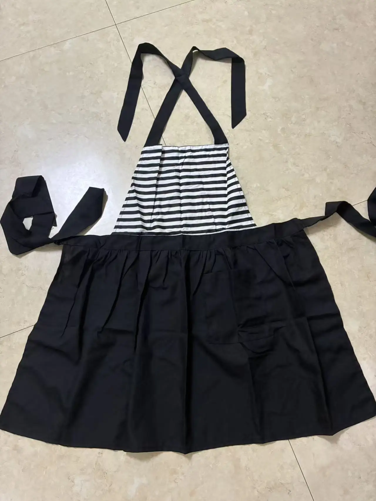 Only 1 Handmade Sample Very Thin Cotton Spliced Stripes Apron Halter Tie Neck Strap Flare Skirt Cooking Apron With Pocket