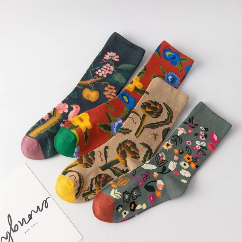 1/4 Paar trendige Nischen-Socken mit abstrakten Pflanzen und Blumen aus reiner Baumwolle, mittlere Röhrensocken, Frühling und Herbst, Street Fashion, hohe lange Socken