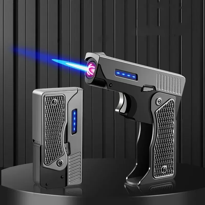 

Folding Gas Electric Dual Use Metal Gun Type Lighter Double Arc USB Charging Windproof Blue Flame Creative Personality Gift