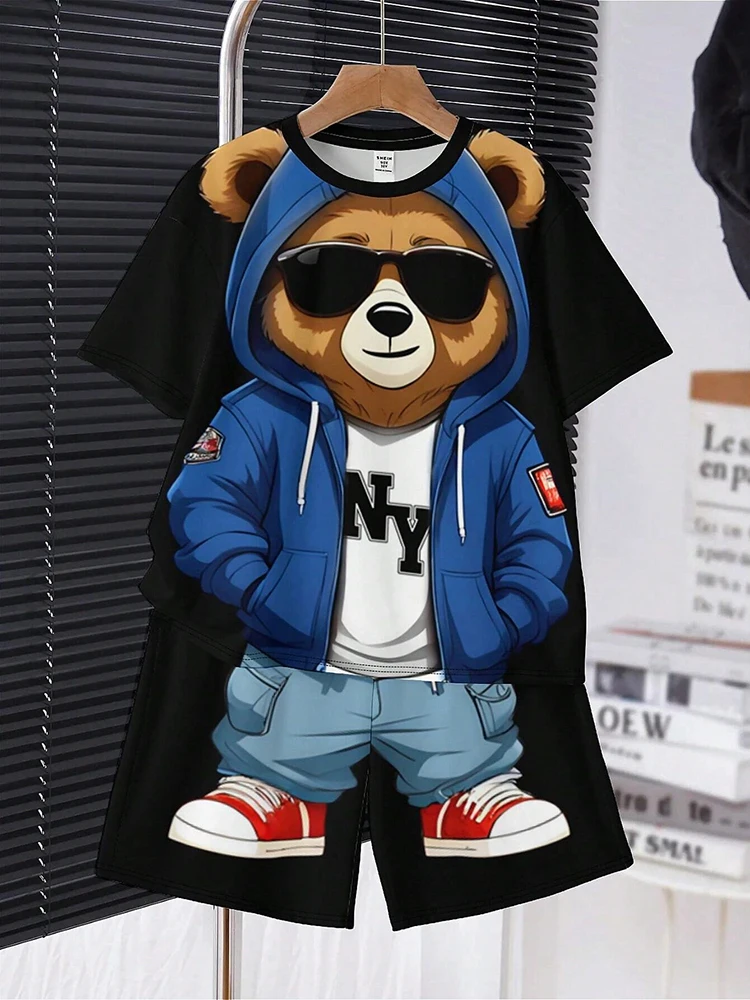 New Anime Trend Cool Bear Print t-shirt manica corta pantaloncini estate moda uomo Street Suit isolamento termico antirughe