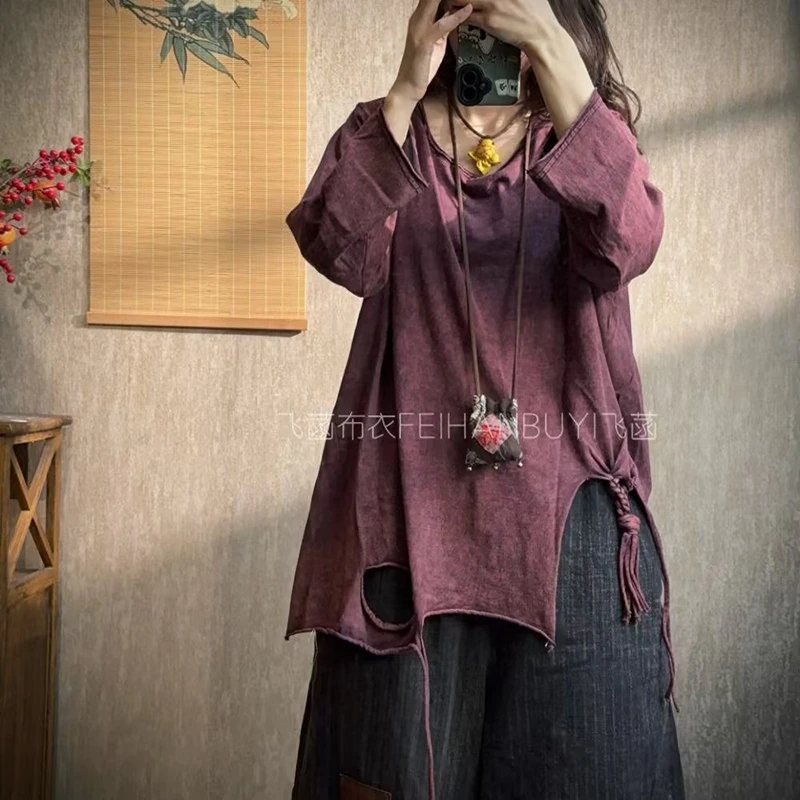 

Новое поступление 2025, осенние универсальные топы хорошего качества, женские повседневные хлопковые футболки с кисточками и круглым вырезом с длинными рукавами F64