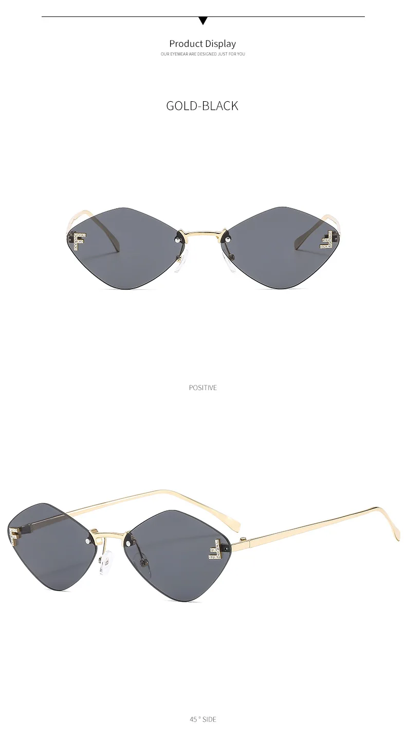 Trendige randlose rautenförmige Sonnenbrille F Damen-Sonnenbrille der Luxusmarke Damen klassische elegante Brillenschirme – Detail 5