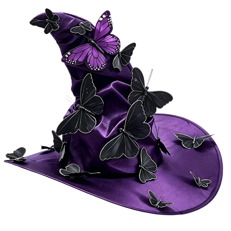 Role Play Butterfly Witch Hat Costume Accessory, Pointed Party Hat with Polyester Build for Holiday Photos and Parties