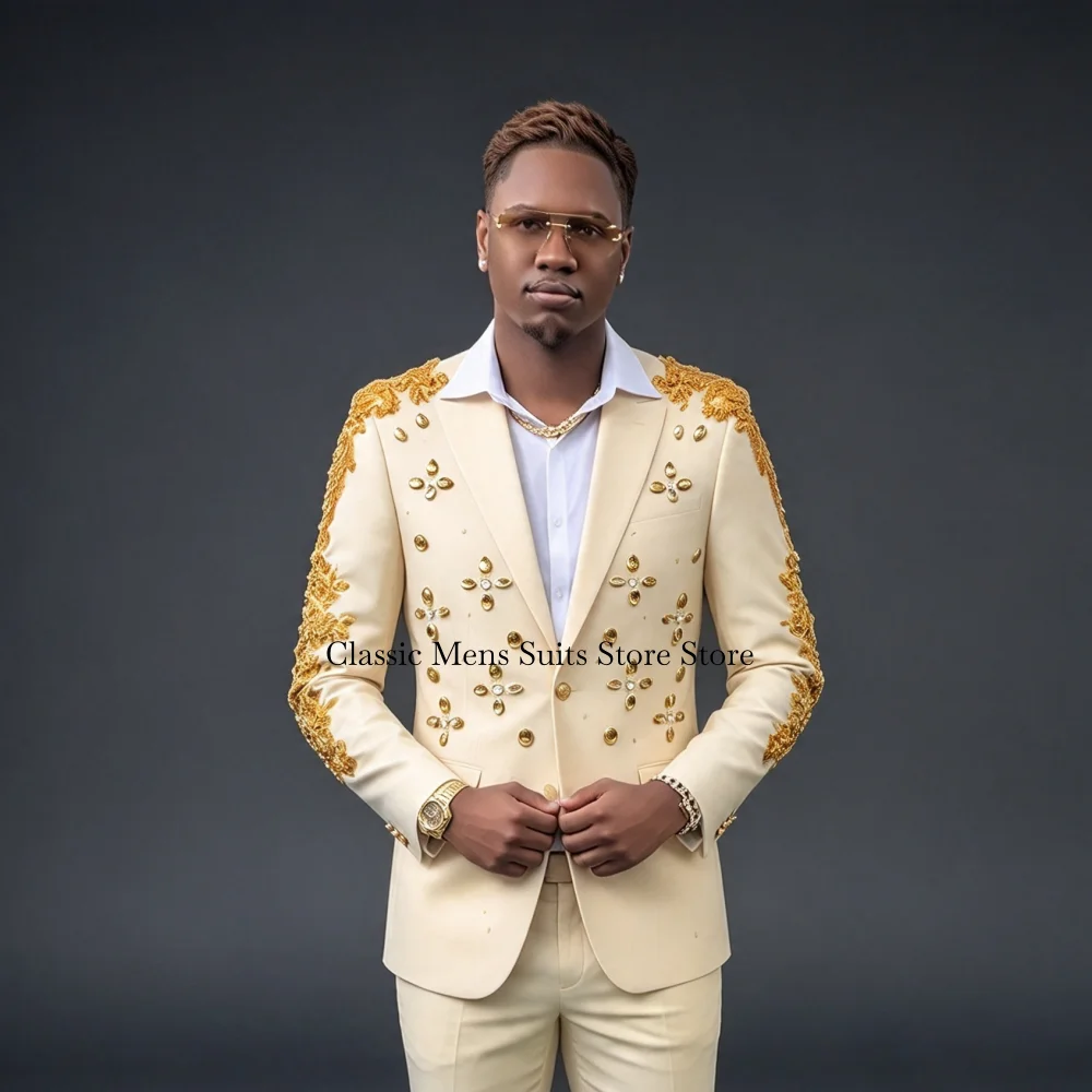 Customized  Sequin Embroidery Men Suits 2 Pieces Sets Male Party Blazers Fashion Groom Wedding Tuxedos Slim Jewelry Costume Homm