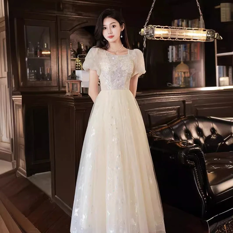 

Elegant Women's Evening Dress High-end Appliques Short Sleeved Prom Gowns Champagne Square Neck A-line Party Dresses