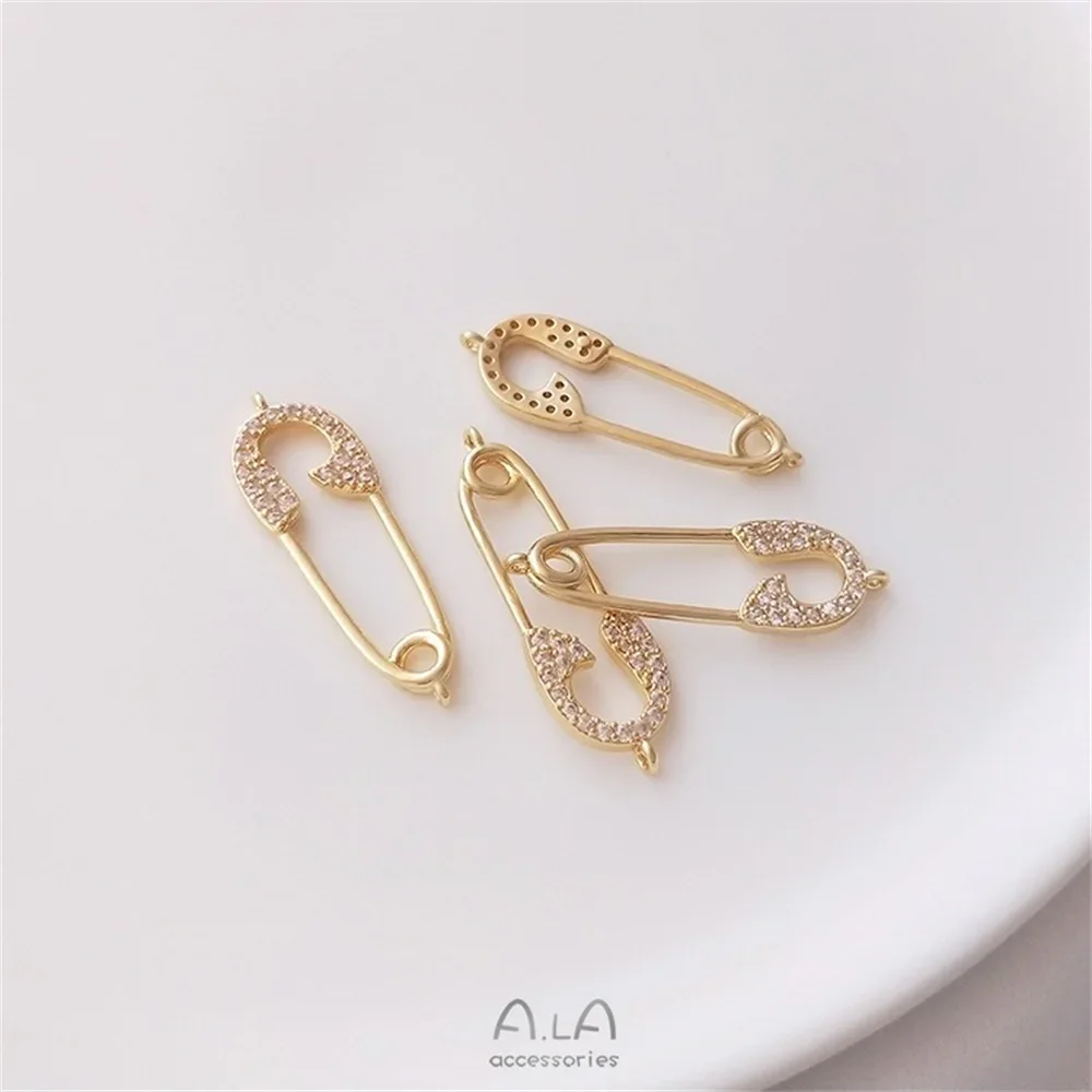 14K Bag Real Gold Zircon Pin Shape Double Hanging Accessories Handmade DIY Bracelet Necklace Earrings Jewelry Pendant K238