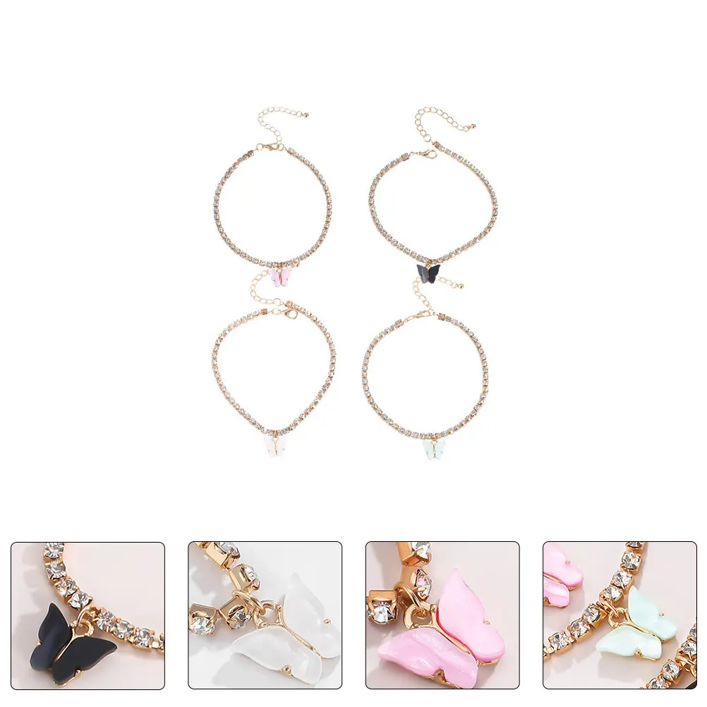 4 piezas de tobilleras con diseño de mariposa y brillantes pedrerías de cristal, cadena para pies de moda femenina, elegante diseño colgante para fiestas y compras.