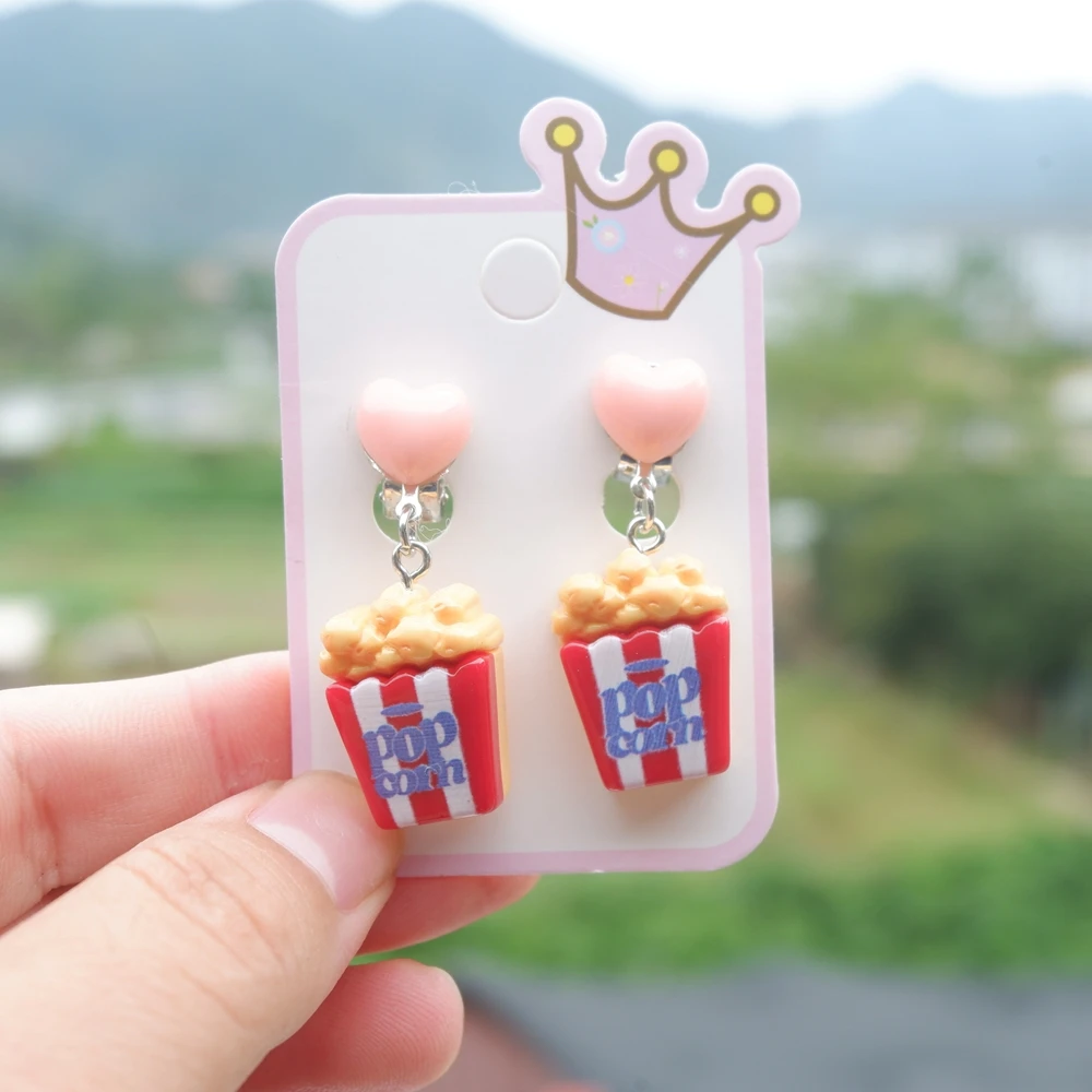 Cute French Fries Popcorn Coffee Earclip Girl's Ear Clip Without Ear Holes Cartoon Earrings Ear Jewelry