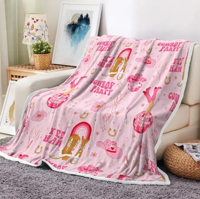 Light Pink Cowgirl Boot Hat Rainbow Horseshoe Flower Flannel Throw Blanket Soft Warm Cover Sofa Bed Western Girl Bedroom Decor