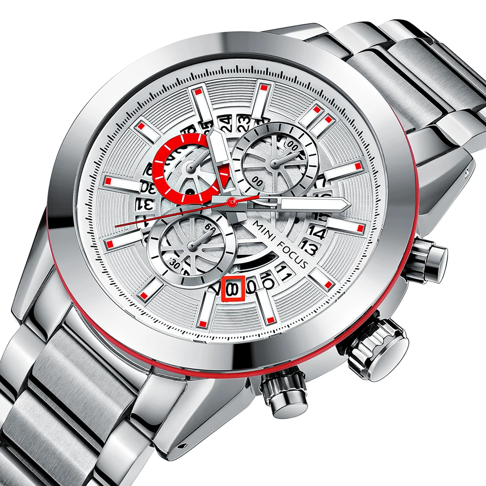 MINI FOCUS MF0285G Luxury Quartz Watch Sports Waterproof Calendar Blue Stainless Steel Band Men Wrist Watches