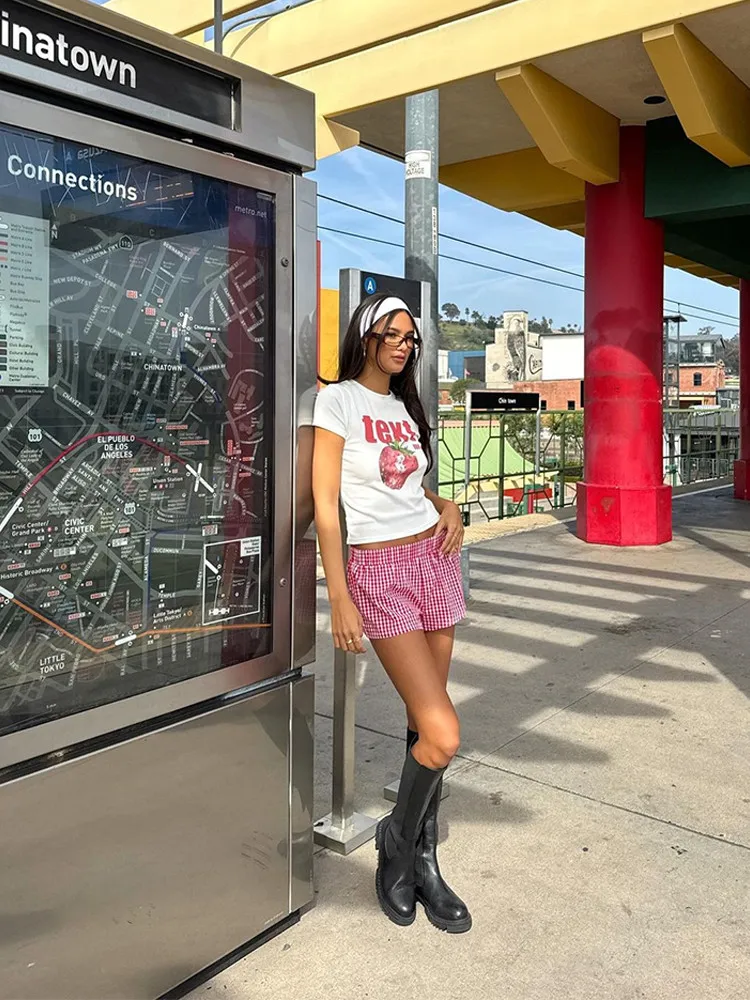 Camisetas con estampado de frutas para mujer, Top ajustado Sexy de manga corta Casual, ropa de calle de estilo Harajuku para mujer