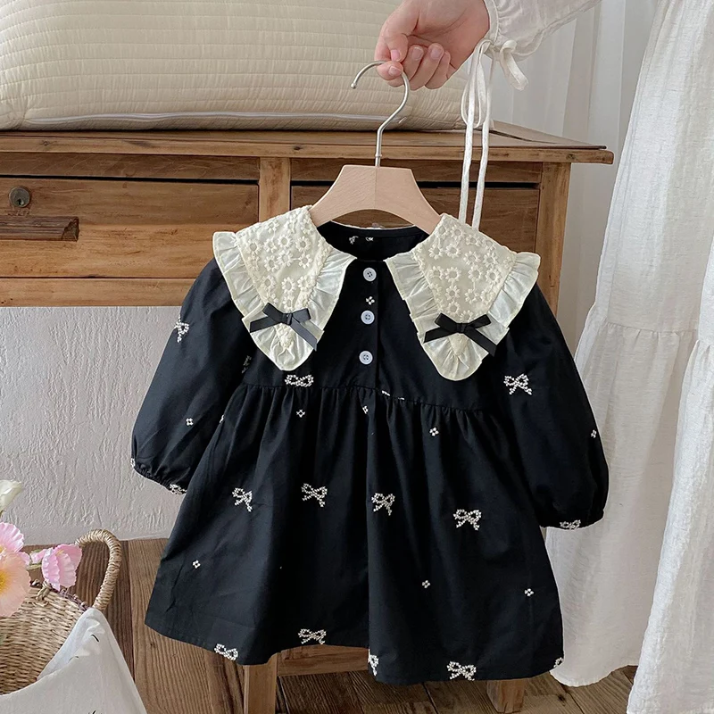 2026 New Spring  Kids Princess Dresses Sister Dress Long Sleeved Cotton Embroidery Lace Splicing 1-6Yrs Girl Party Dress