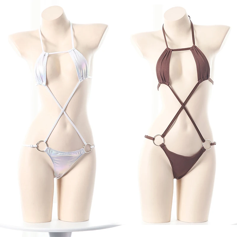 

Summer Beach Cute Cos Laser Bikini Solid Color Swimsuit Anime Girl Tight Hollow Women Three Point Underwear Set Costume Cosplay